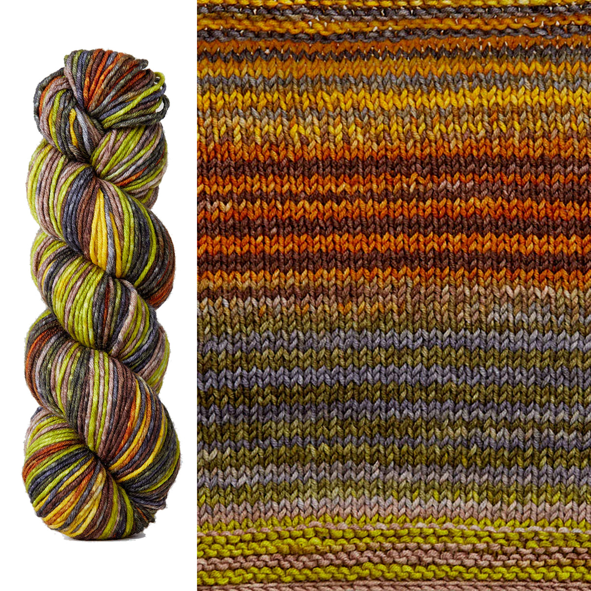 A skein and swatch of Urth Uneek Worsted 4001, a self striping yarn in shades of rust, golden yellow, mossy green, and earthy greys and browns.