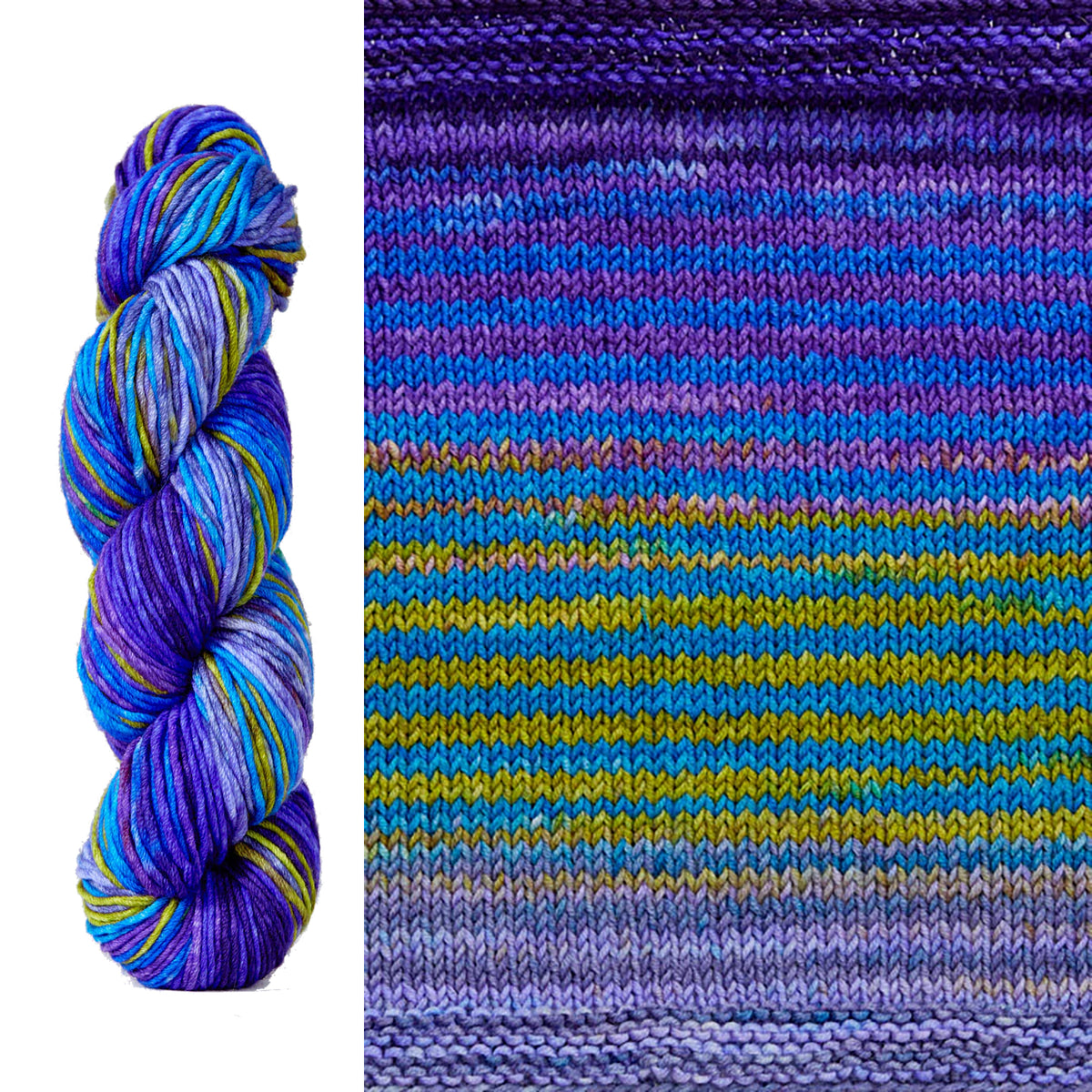 A skein and swatch of Urth Uneek Worsted 4003, a self striping yarn in shades of vibrant purple, lavender, violet, plum, lime green, and aqua blue