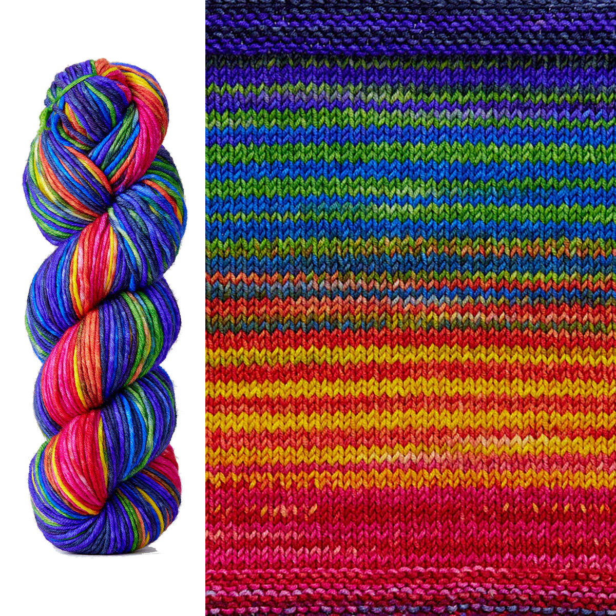 A skein and swatch of Urth Uneek Worsted 4004, a self striping yarn in rainbow order of pink, red, orange, green, blue, and purple in vibrant hues.