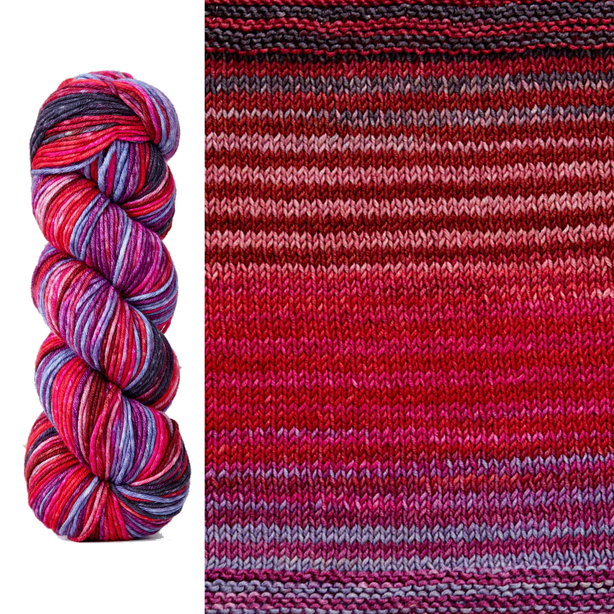 A skein and swatch of Urth Uneek Worsted 4005, a self striping yarn in bordeaux, red, light pink, hot pink, lavender, and plum purple.