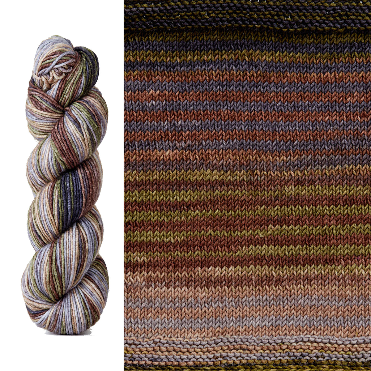 A skein and swatch of Urth Uneek Worsted 4006, a self striping yarn in muted earthy shades of brown, sand, foggy grey, charcoal, and dusty green.