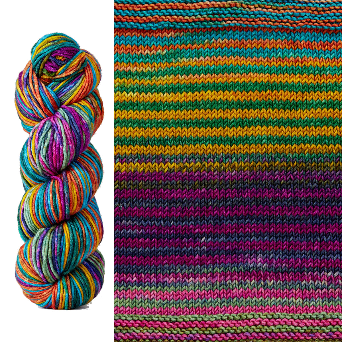 A skein and swatch of Urth Uneek Worsted 4010, a self striping yarn in minty green, vibrant teal blue, pink, orange, violet, yellow, and dark grey.