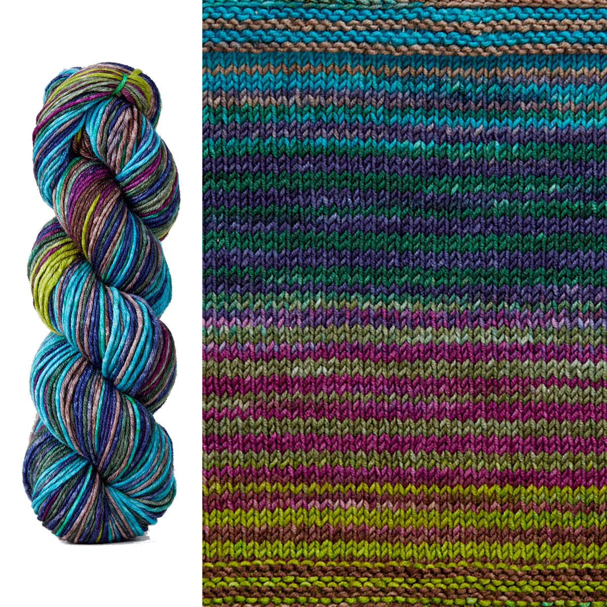 A skein and swatch of Urth Uneek Worsted 4012, a self striping yarn in cool tones of lime green, teal blue, denim blue, brown, sandy grey, forest green, and plum purple.