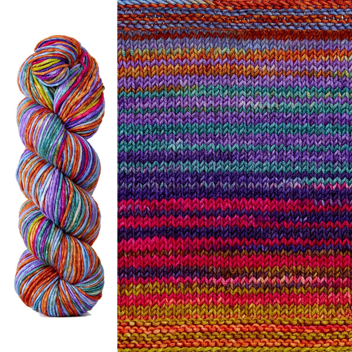 A skein and swatch of Urth Uneek Worsted 4024, a self striping yarn in hot pink, Royal purple, orange, sky blue, and lime green.