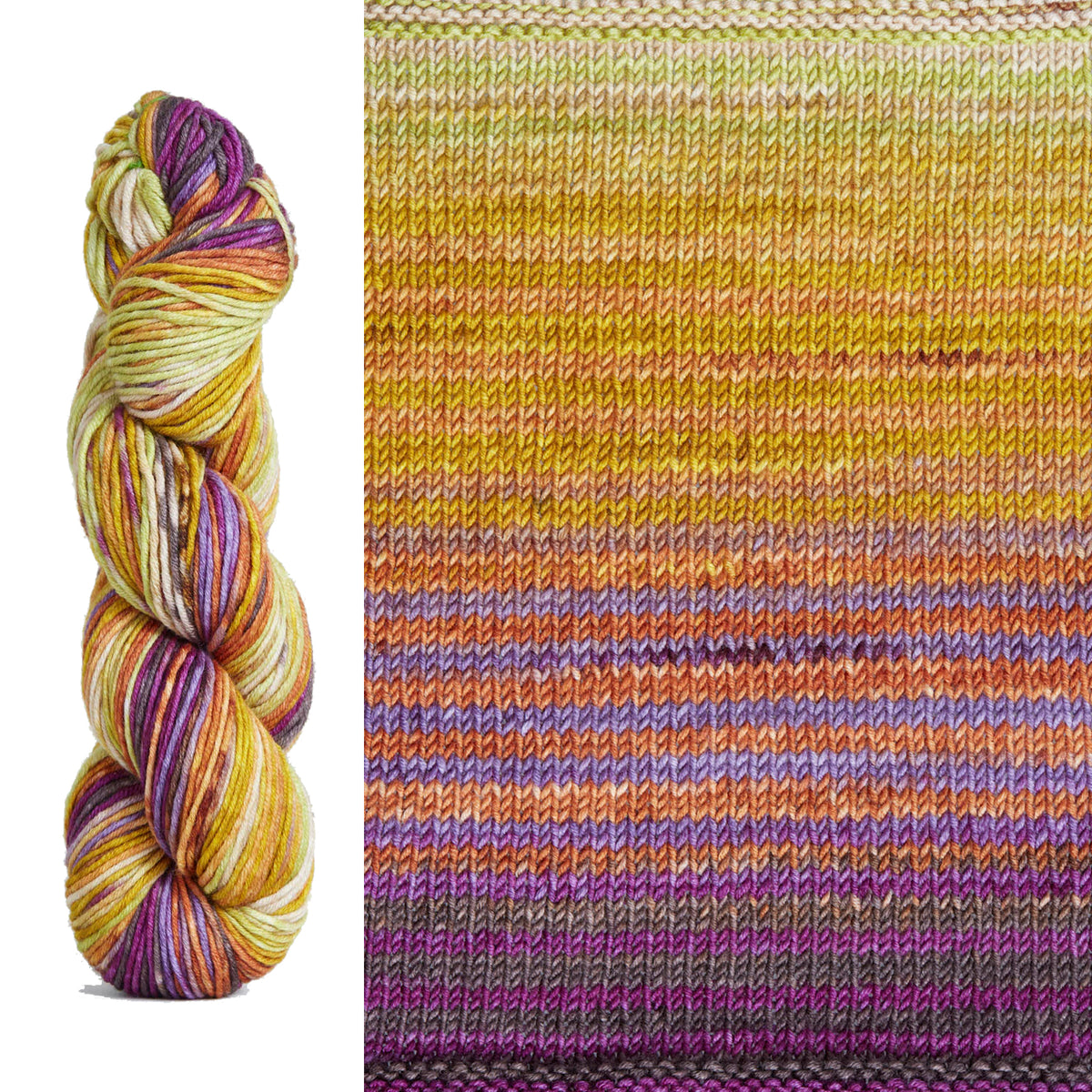 A skein and swatch of Urth Uneek Worsted 4029, a self striping yarn in pale yellow, golden yellow, pale rust, lavender, plum purple, and grey.