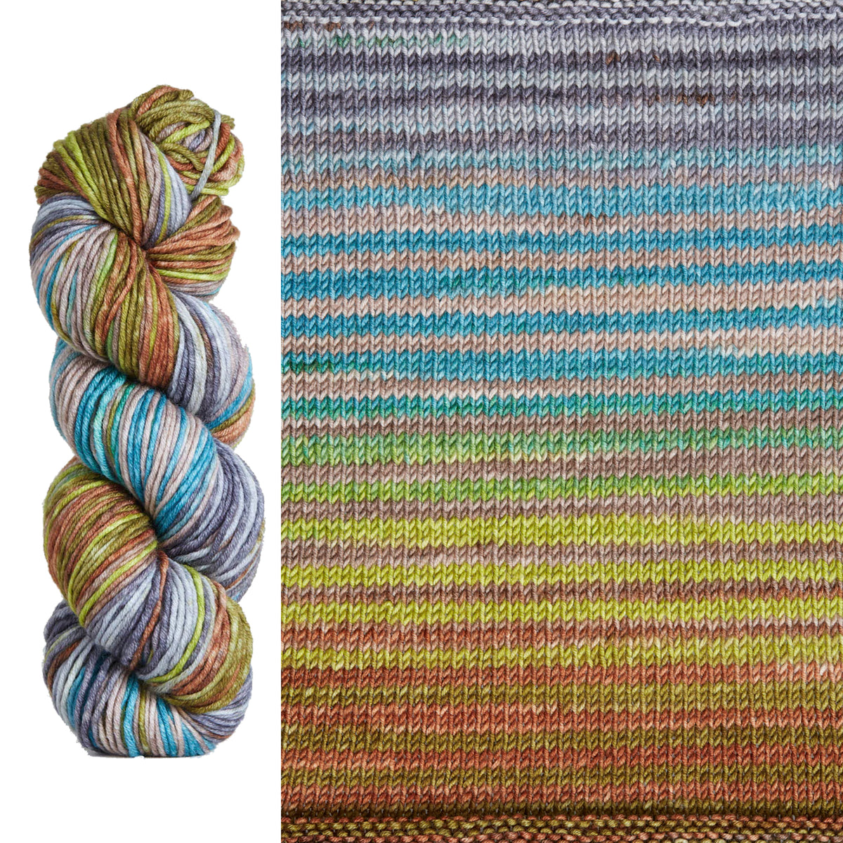 A skein and swatch of Urth Uneek Worsted 4030, a self striping yarn in earthy shades of grey, light green, aqua blue, chestnut, and chocolate brown.