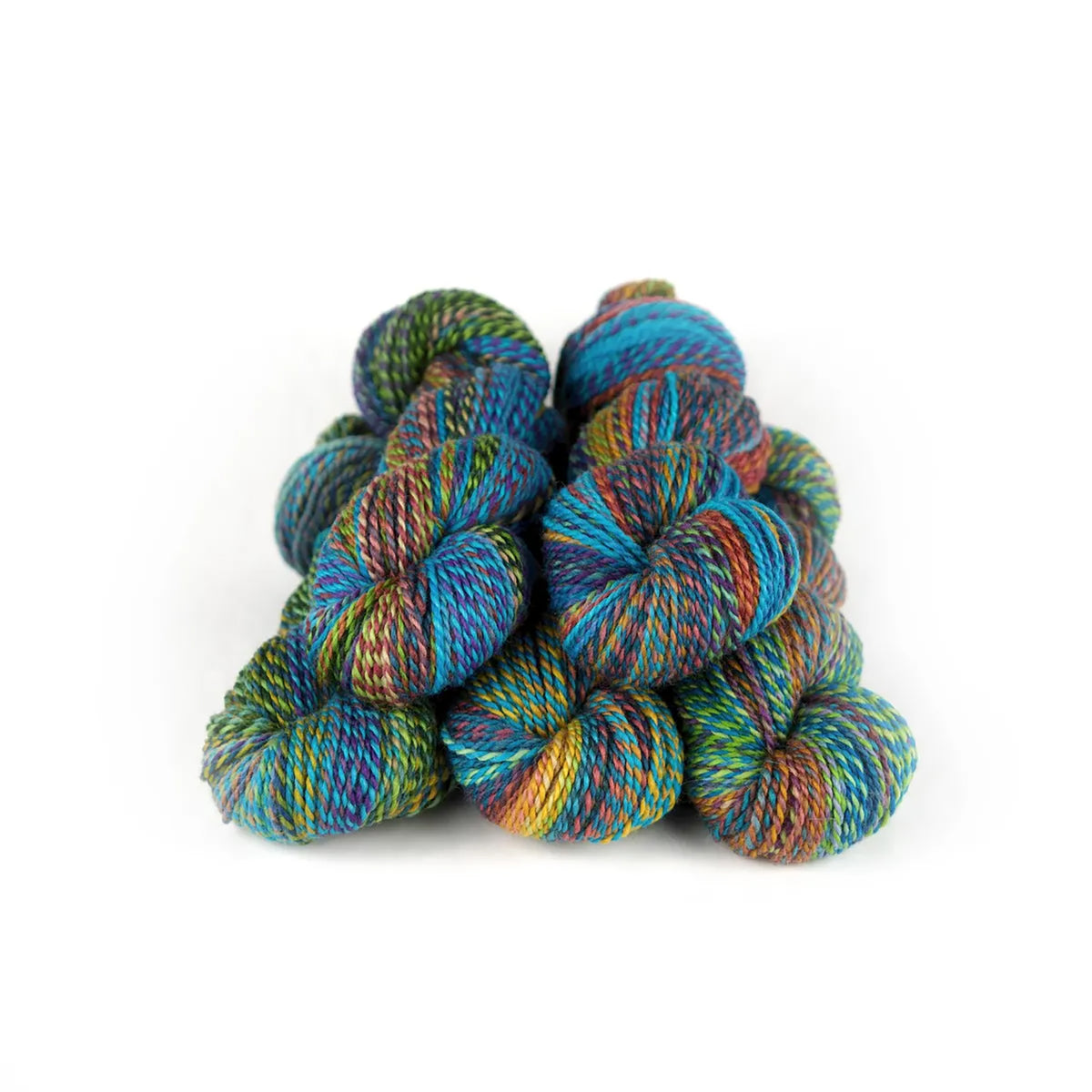 Five skeins of JFM Making Tracks Aurora Borealis, variegated with green, blue, orange, yellow, and red