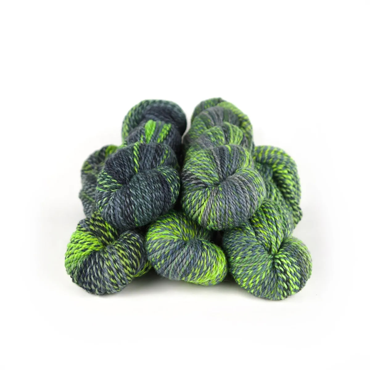 Five skeins of JFM Making Tracks Firefly, variegated grey and electric green 