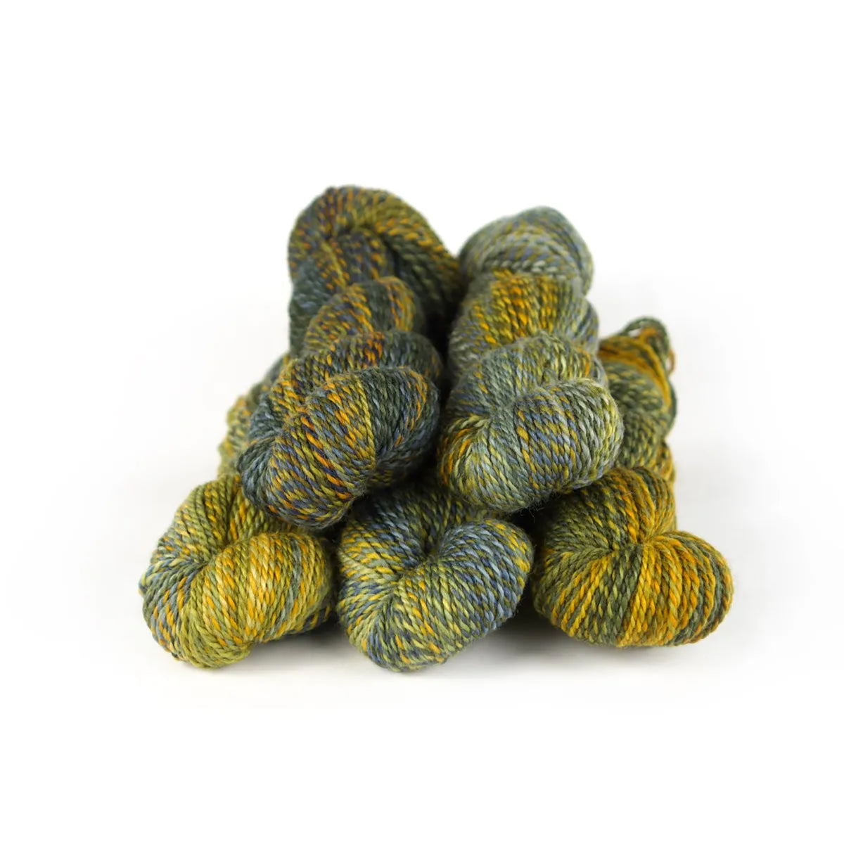 Five skeins of JFM Making Tracks In The Clearing, variegated earthy greens, yellows, and grey