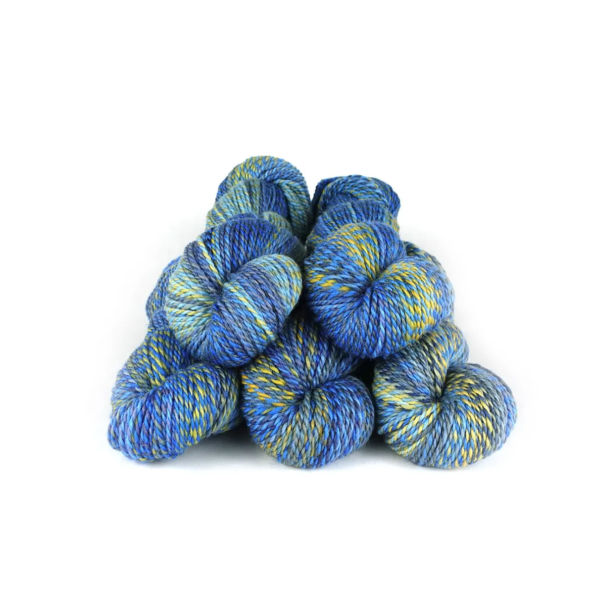 Five skeins of JFM Making Tracks Starry Night, variegated blues and yellow