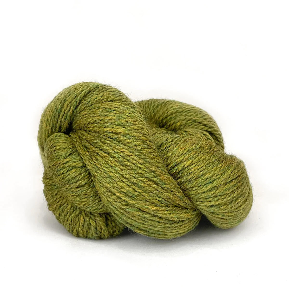 A skein of Kelbourne Woolens Scout Lichen Heather 320, a heathered lime green with yellow