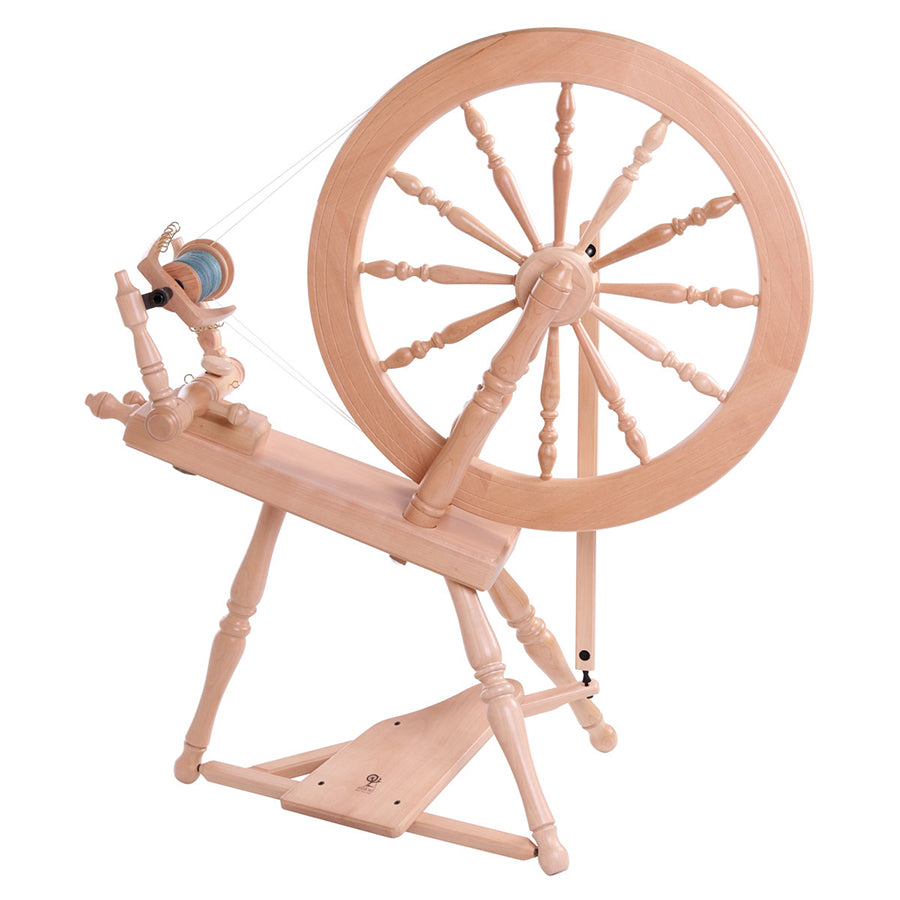 Front view of the Ashford Elizabeth spinning wheel with a single treadle. 