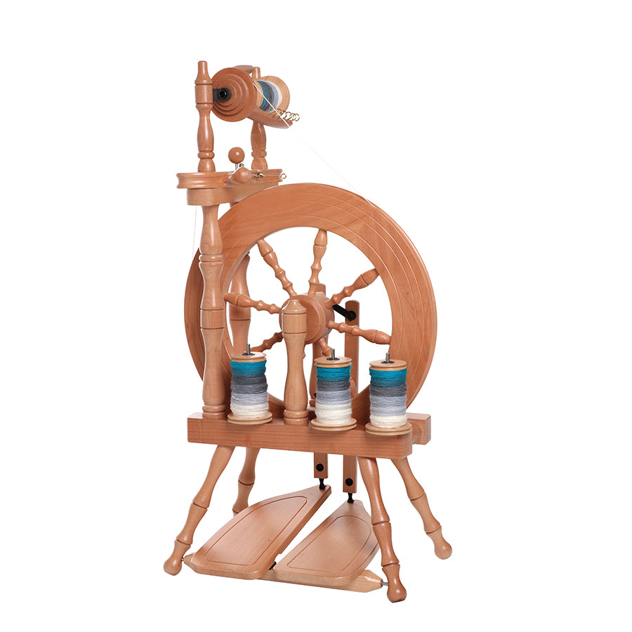Front view of the Ashford Traveller spinning wheel. 