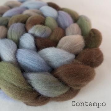 Detail of Greenwood Fiberworks Pigtails Contempo in muted shades of blue, browns, greens and tan.