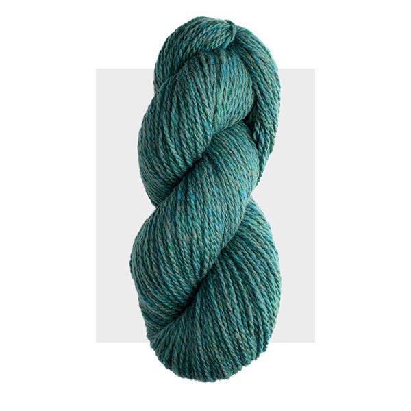 Skein of Harrisville Highland Woodsmoke, a medium jade green.