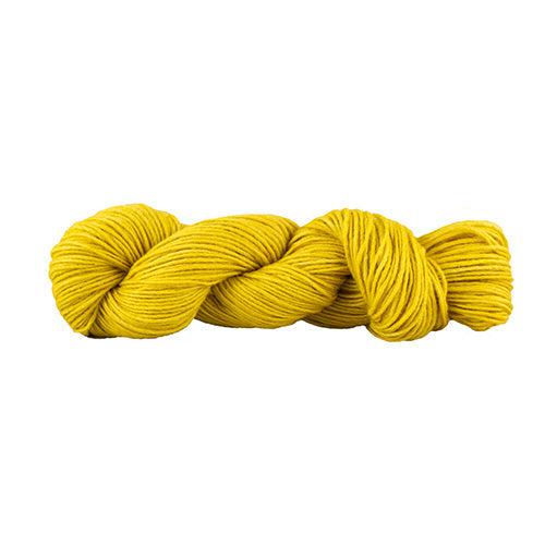 A skein of Manos Silk Blend Girasol 3237, a bright yellow.